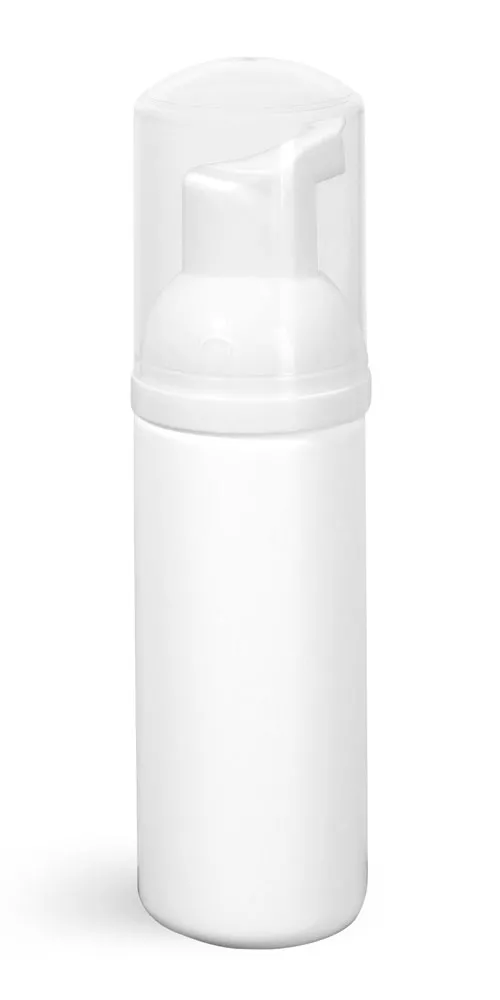 50 ml White HDPE Cylinders w/ White Foamer Pumps & Clear Overcaps