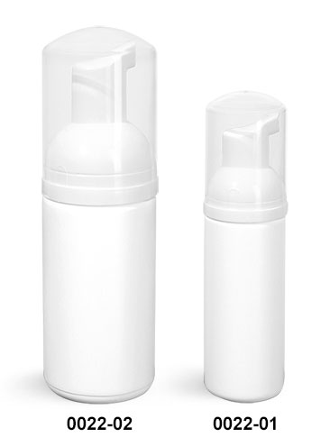 Plastic Bottles, White HDPE Cylinder Bottles w/ White Foamer Pumps & Overcaps