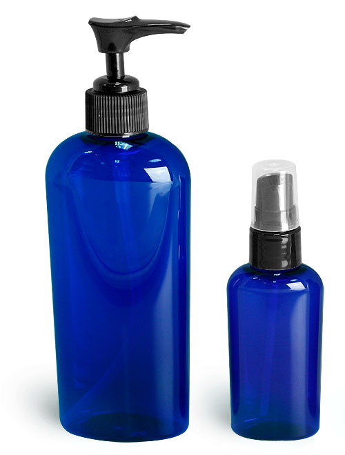 Blue PET Cosmo Oval Bottles w/ Black Lotion Pump