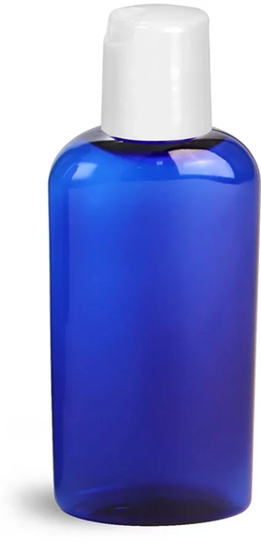 Blue PET Cosmo Oval Bottles w/ White Disc Top Caps