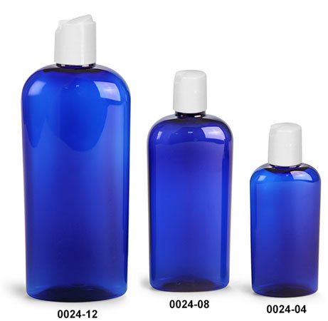 Plastic Bottles, Blue PET Cosmo Oval Bottles With White Disc Top Caps