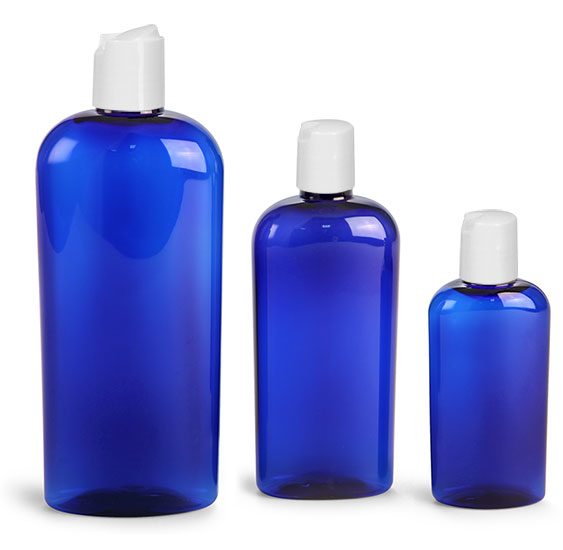 Plastic Bottles, Blue PET Cosmo Oval Bottles w/ White Disc Top Caps