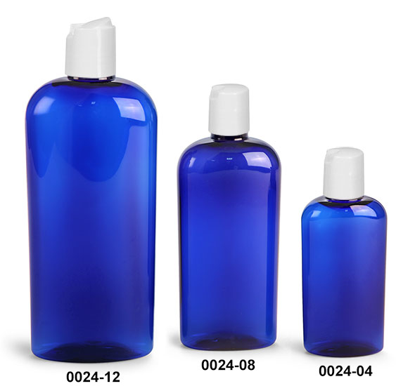 Plastic Bottles, Blue PET Cosmo Oval Bottles With White Disc Top Caps
