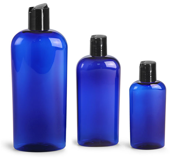 Plastic Bottles, Blue PET Cosmo Oval Bottles w/ Black Disc Top Caps