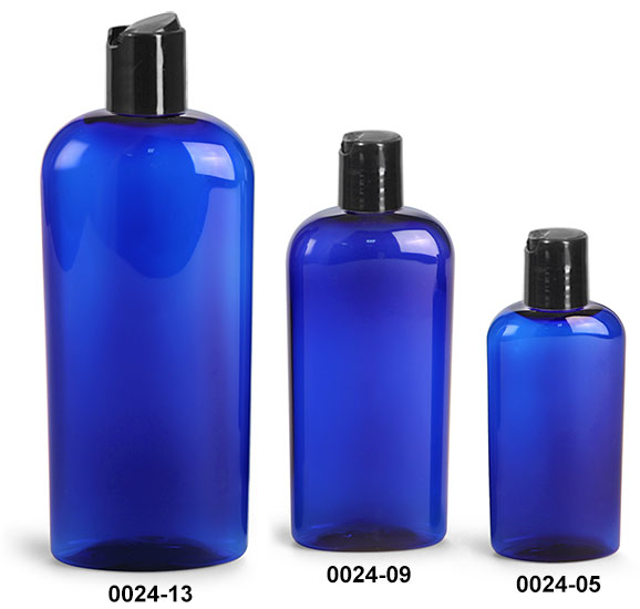 Plastic Bottles, Blue PET Cosmo Oval Bottles With Black Disc Top Caps