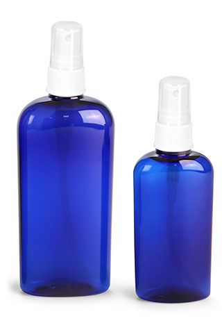 Plastic Bottles, Blue PET Cosmo Oval Bottles w/ White Ribbed Fine Mist Sprayers