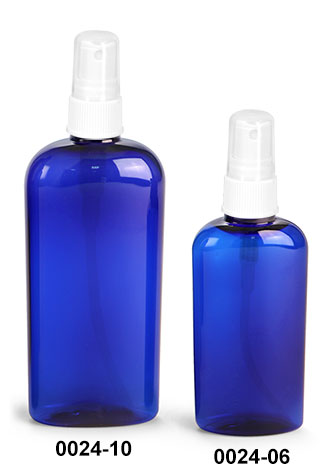 Plastic Bottles, Blue PET Cosmo Oval Bottles With White Ribbed Fine Mist Sprayers