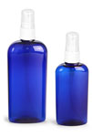 Plastic Bottles, Blue PET Cosmo Oval Bottles w/ White Ribbed Fine Mist Sprayers