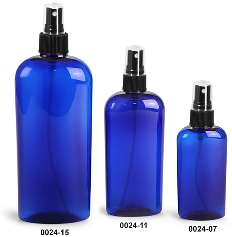 Plastic Bottles, Blue PET Cosmo Oval Bottles With Black Ribbed Fine Mist Sprayers