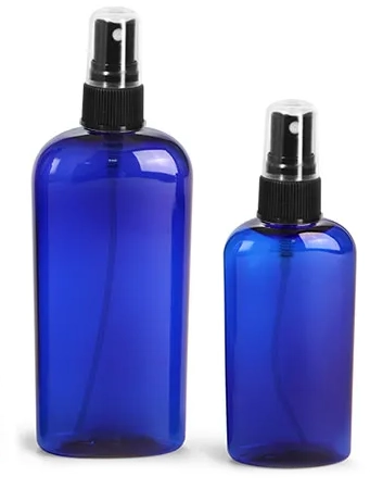 Blue PET Cosmo Oval Bottles w/ Black Ribbed Fine Mist Sprayers