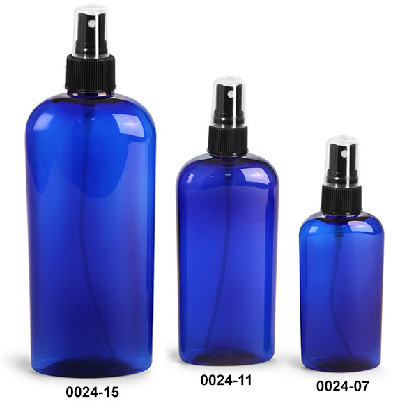 Plastic Bottles, Blue PET Cosmo Oval Bottles With Black Ribbed Fine Mist Sprayers