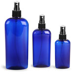 Blue PET Cosmo Oval Bottles w/ Black Ribbed Fine Mist Sprayers