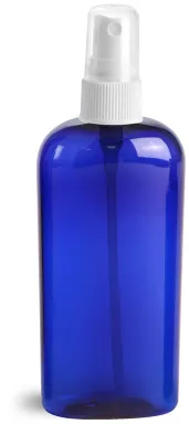 Blue PET Cosmo Oval Bottles w/ White Ribbed Fine Mist Sprayers