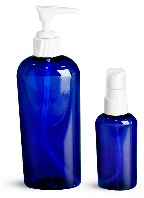 Blue PET Cosmo Oval Bottles w/ White Lotion Pumps