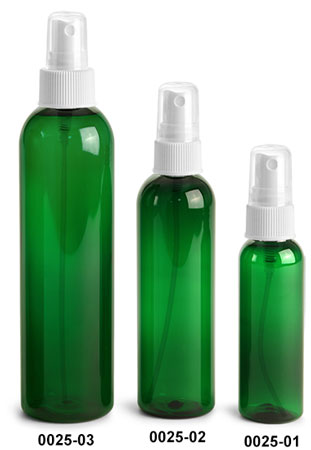 Plastic Bottles, Green PET Cosmo Round Bottles With White Ribbed Fine Mist Sprayers