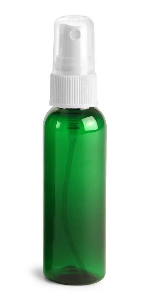 2 oz Green PET Cosmo Round Bottles w/ White Sprayers