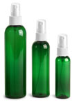PET Plastic Bottles, Green Cosmo Round Bottles w/ White Ribbed Sprayers
