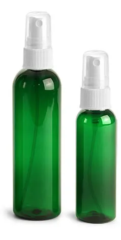 PET Plastic Bottles, Green Cosmo Round Bottles w/ White Ribbed Sprayers