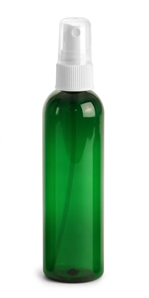 4 oz Green PET Cosmo Round Bottles w/ White Sprayers