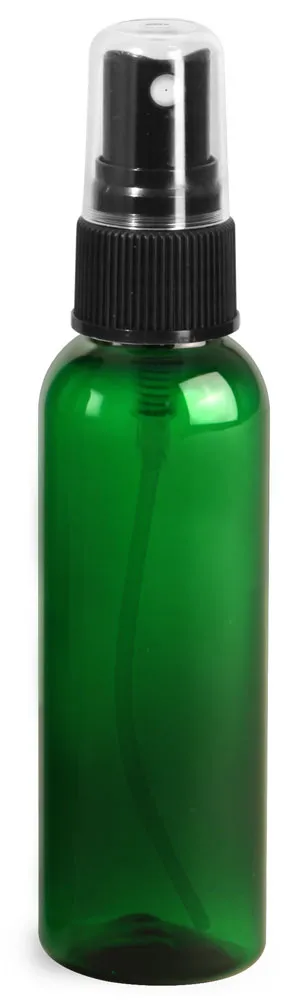 2 oz Green PET Cosmo Round Bottles w/ Black Sprayers