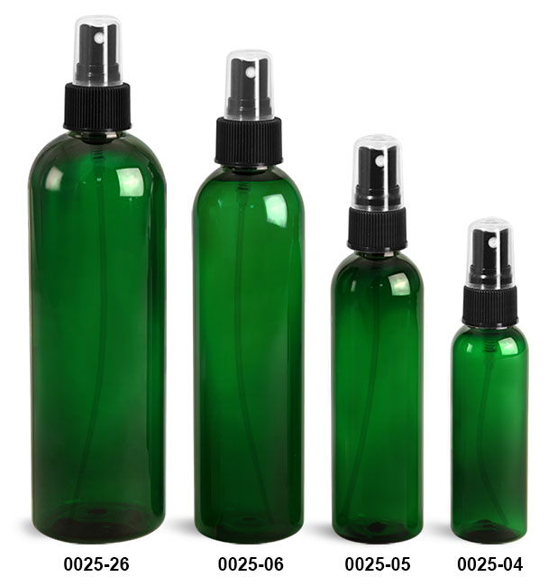 Plastic Bottles, Green PET Cosmo Round Bottles With Black Ribbed Fine Mist Sprayers