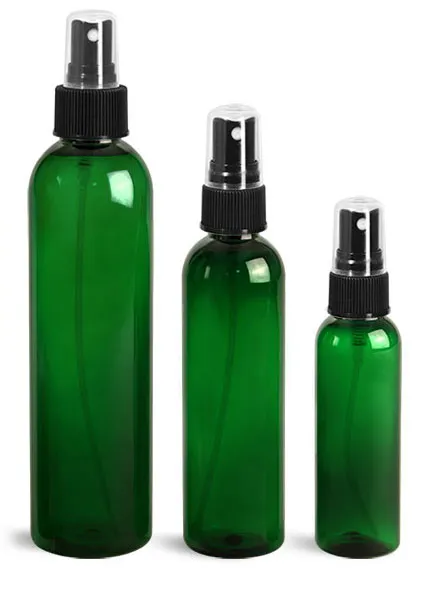 PET  Green Cosmo Round Bottles w/ Black Ribbed Sprayers