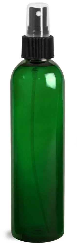 8 oz Green PET Cosmo Round Bottles w/ Black Sprayers