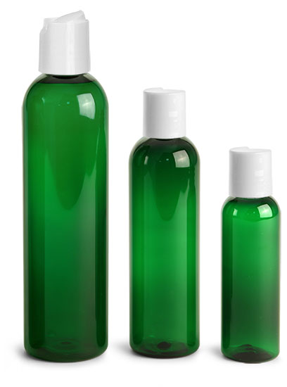 PET Plastic Bottles, Green Cosmo Round Bottles w/ White Disc Top Caps