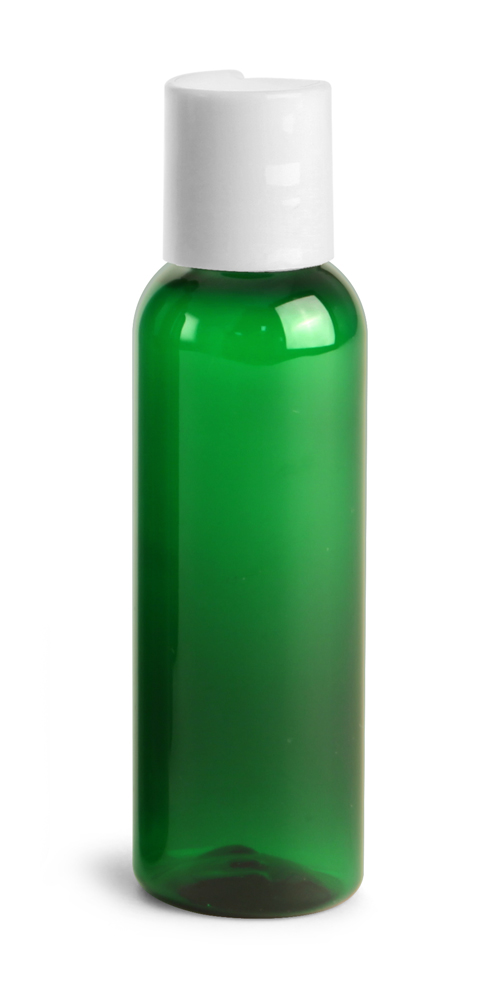 2 oz Green PET Cosmo Round Bottles w/ White Disc Top Caps