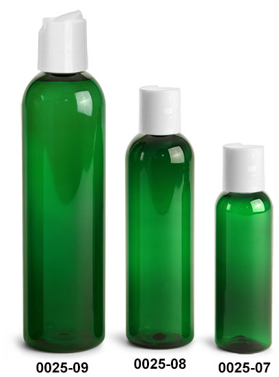 Plastic Bottles, Green PET Cosmo Round Bottles With Smooth White Disc Top Caps