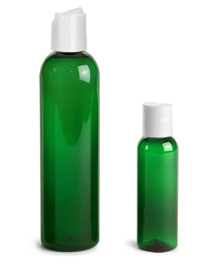PET Plastic Bottles, Green Cosmo Round Bottles w/ White Disc Top Caps