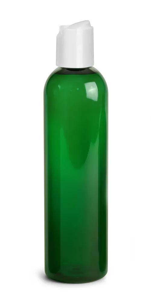 8 oz Green PET Cosmo Round Bottles w/ White Disc Top Caps