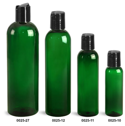 Plastic Bottles, Green PET Cosmo Round Bottles With Smooth Black Disc Top Caps