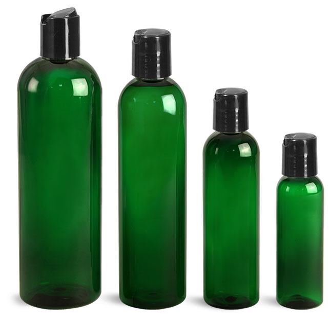 PET Plastic Bottles, Green Cosmo Round Bottles w/ Black Disc Top Caps