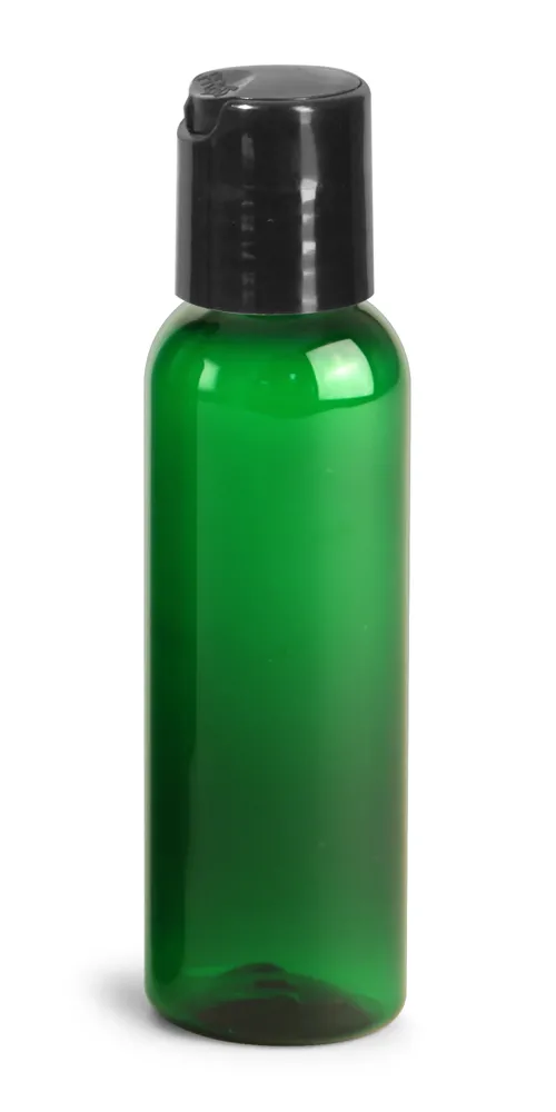 2 oz Green PET Cosmo Round Bottles w/ Black Disc Top Caps