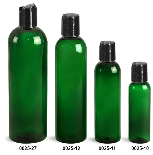 Plastic Bottles, Green PET Cosmo Round Bottles With Smooth Black Disc Top Caps