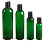 Green PET Cosmo Round Bottles w/ Black Disc Top Caps