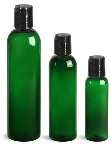 PET  Green Cosmo Round Bottles w/ Black Disc Top Caps