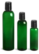 PET Plastic Bottles, Green Cosmo Round Bottles w/ Black Disc Top Caps
