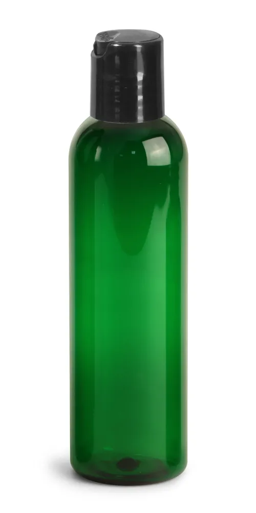 4 oz Green PET Cosmo Round Bottles w/ Black Disc Top Caps