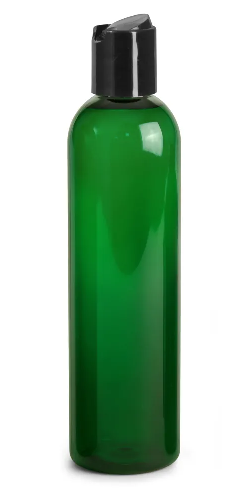 8 oz Green PET Cosmo Round Bottles w/ Black Disc Top Caps