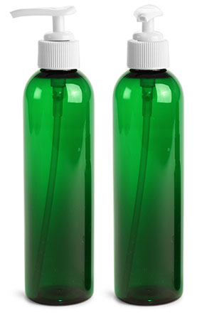 Plastic Bottles, 8 oz Green PET Cosmo Round Bottles With White Lotion Pumps
