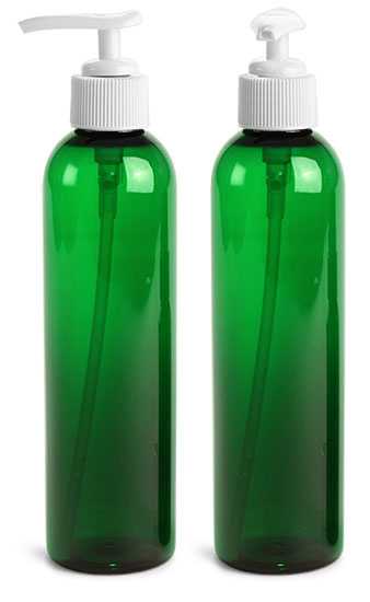 Plastic Bottles, 8 oz Green PET Cosmo Round Bottles With White Lotion Pumps