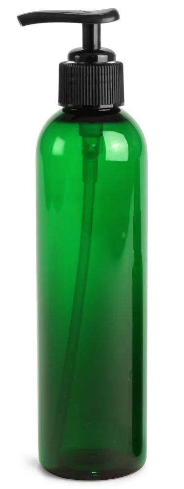 8 oz Green PET Cosmo Round Bottles w/ Black Lotion Pumps