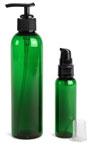 Green PET Cosmo Round Bottles w/ Black Lotion Pumps & Treatment Pumps