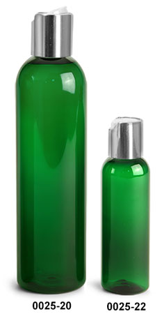 Plastic Bottles, Green PET Cosmo Round Bottles With Silver Disc Top Caps