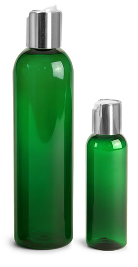 PET Plastic Bottles, Green Cosmo Round Bottles w/ Silver Disc Top Caps