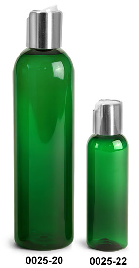Plastic Bottles, Green PET Cosmo Round Bottles With Silver Disc Top Caps