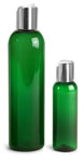 PET Plastic Bottles, Green Cosmo Round Bottles w/ Silver Disc Top Caps