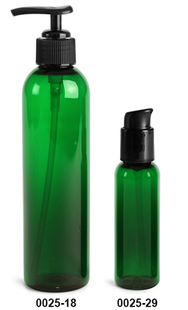 Plastic Bottles, Green PET Cosmo Round Bottles w/ Black Lotion Pumps & Treatment Pumps